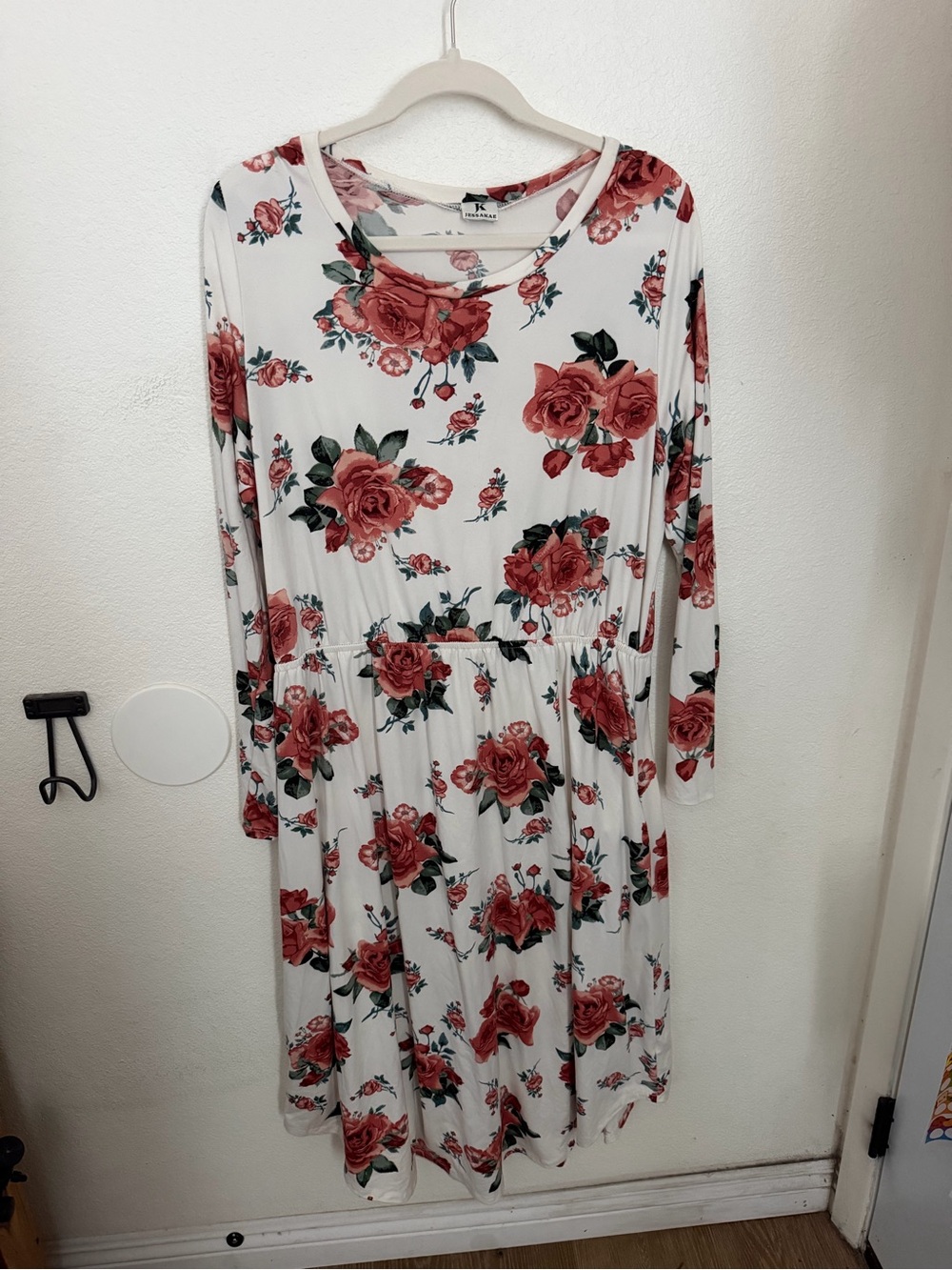 JessaKae White Long-Sleeve Midi Dress with Red Rose Print
